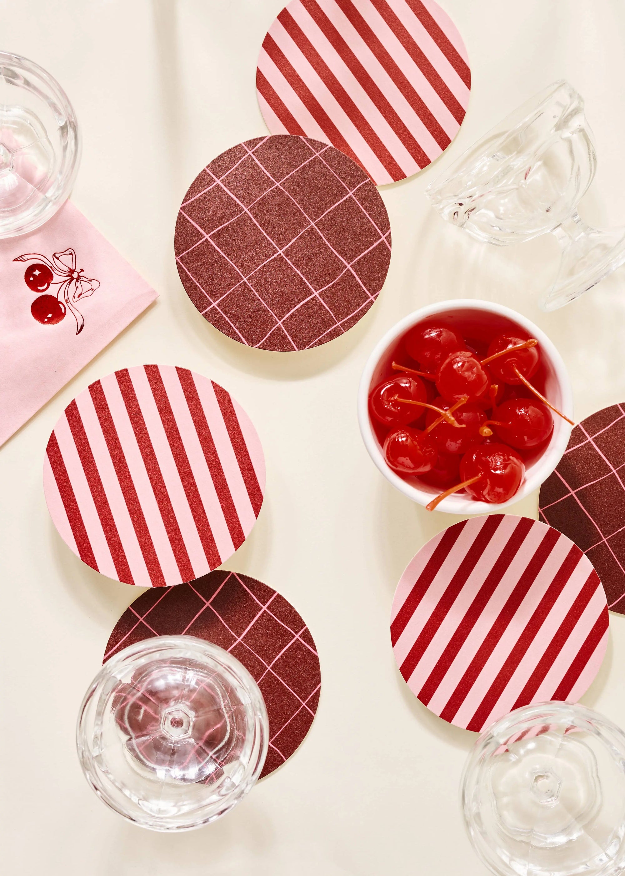 Pink and Maroon Striped Coaster - Set of 4 One & Only Paper