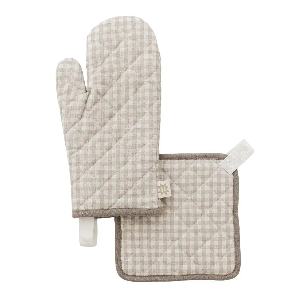 Oven Mitt + Potholder Quilted Linen Set Oatmeal Mini Gingham Heirloomed Collection