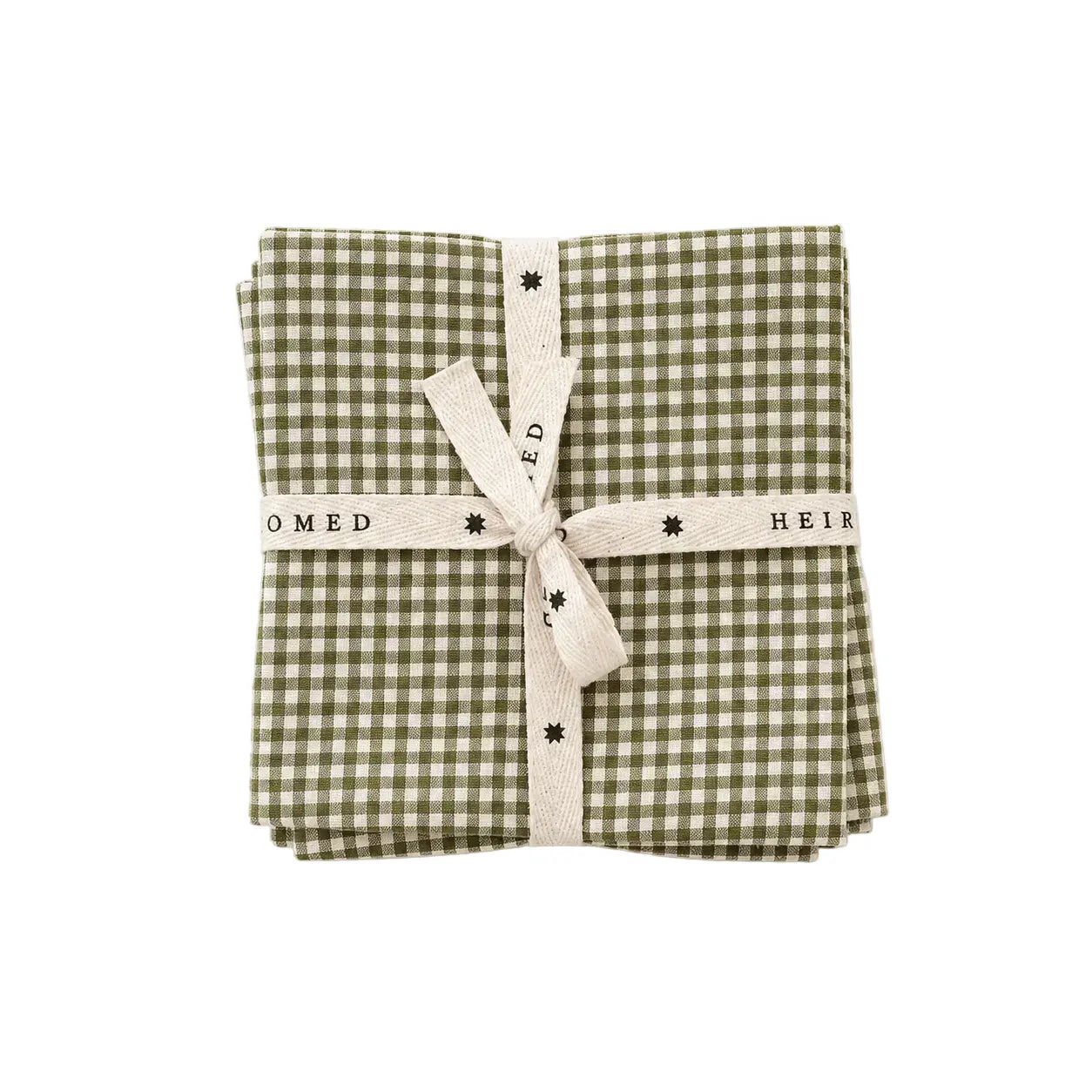 Cocktail Napkin Set - Olive Green Mini Gingham Linen Heirloomed Collection