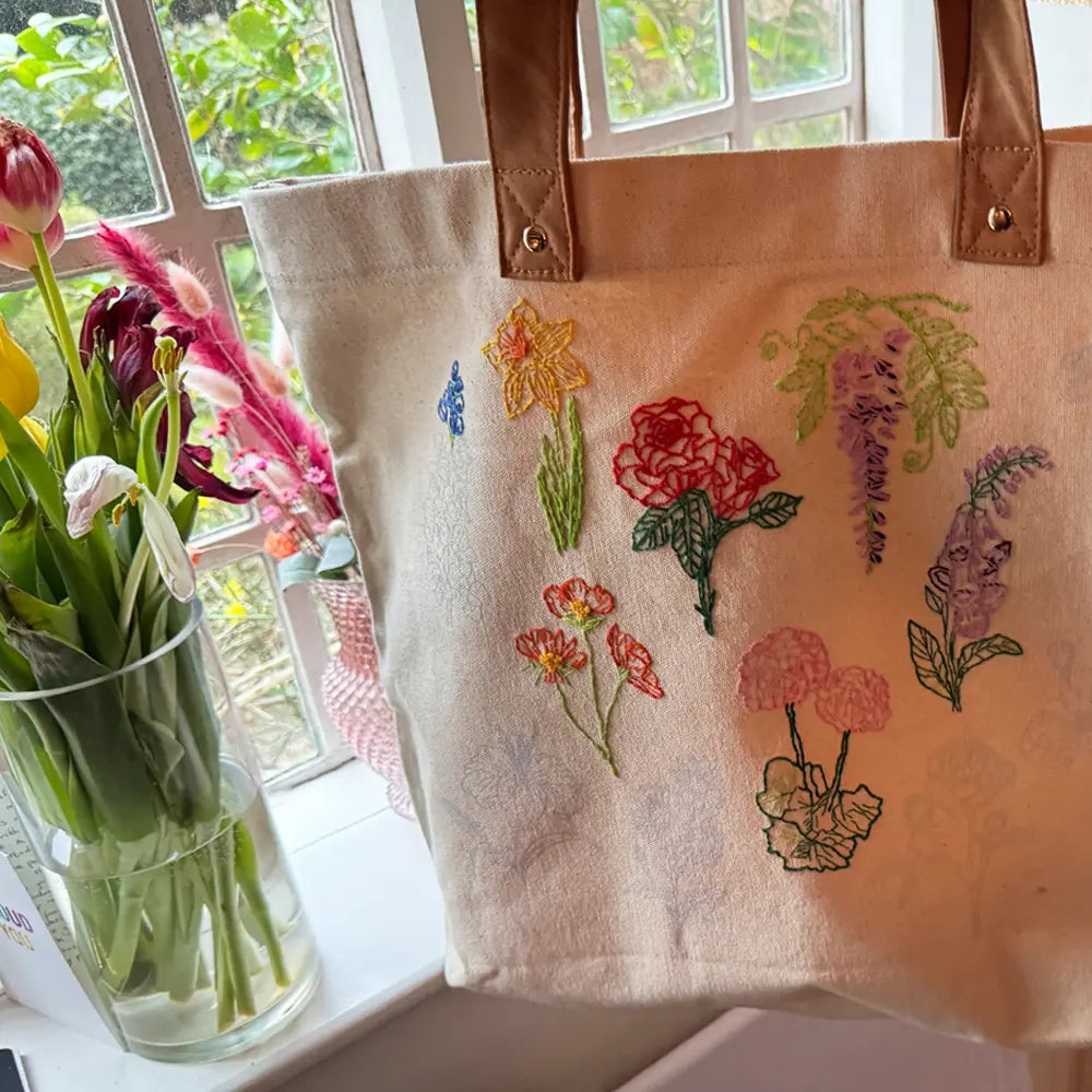 Stitch Your Flowers Tote Bag - Embroidery Kit grocery bag Chasing Threads