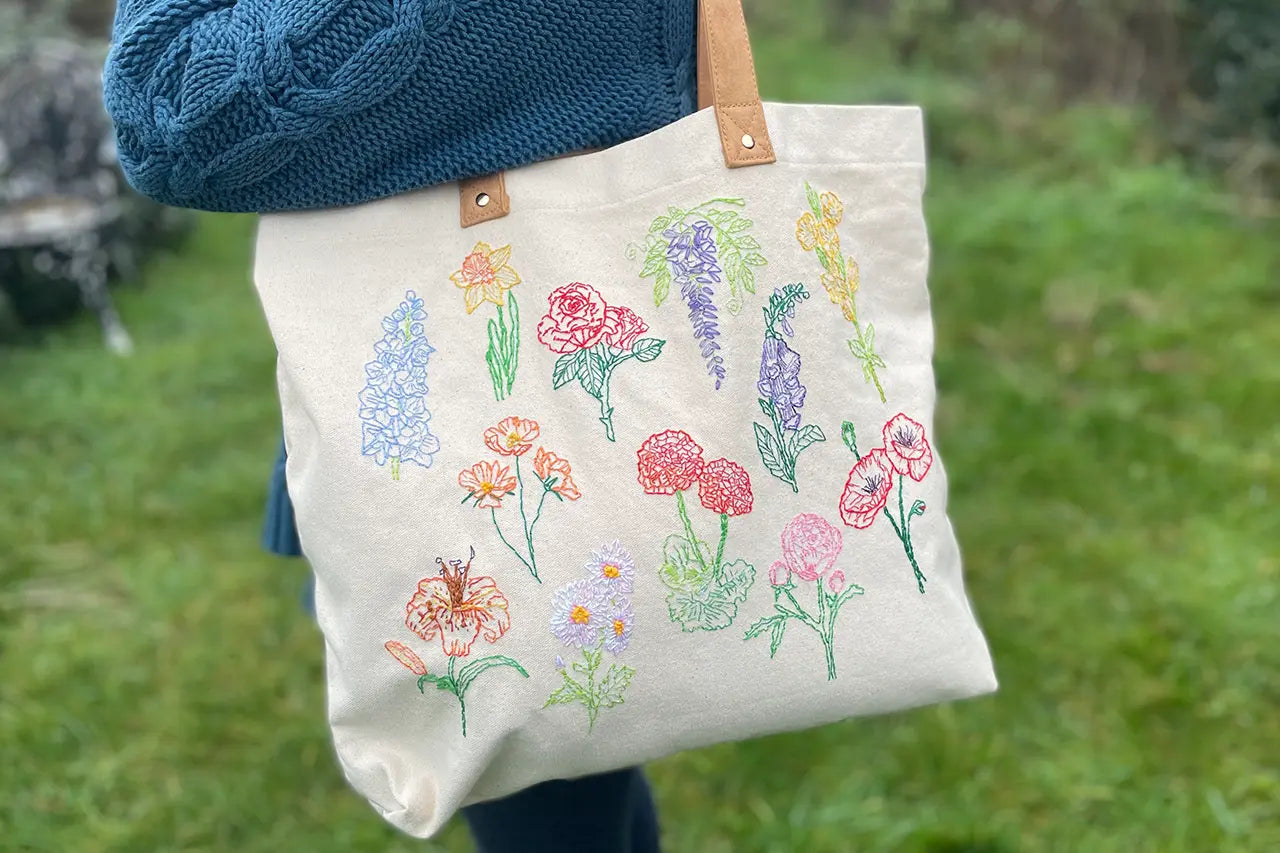 Stitch Your Flowers Tote Bag - Embroidery Kit grocery bag Chasing Threads