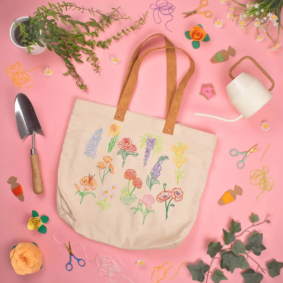 Stitch Your Flowers Tote Bag - Embroidery Kit grocery bag Chasing Threads