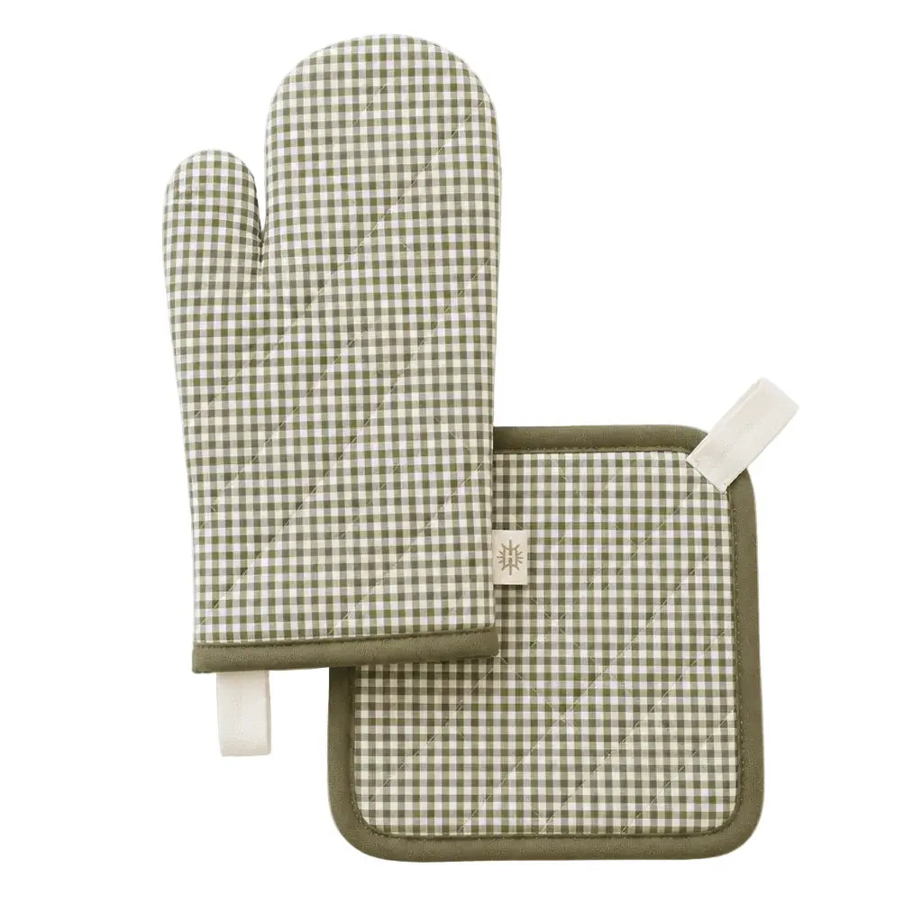 Oven Mitt + Potholder - Quilted Linen Set Olive Mini Gingham Heirloomed Collection