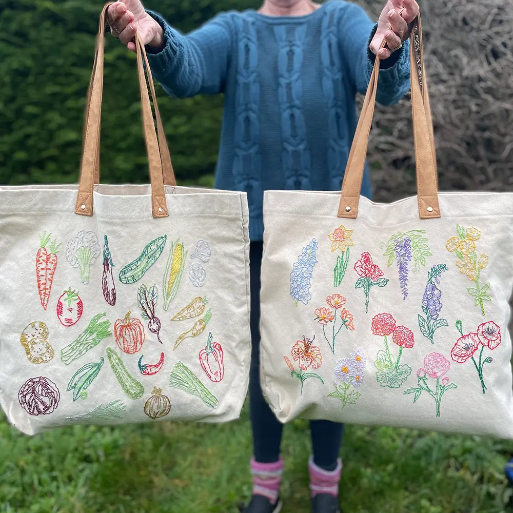 Stitch Your Flowers Tote Bag - Embroidery Kit grocery bag Chasing Threads