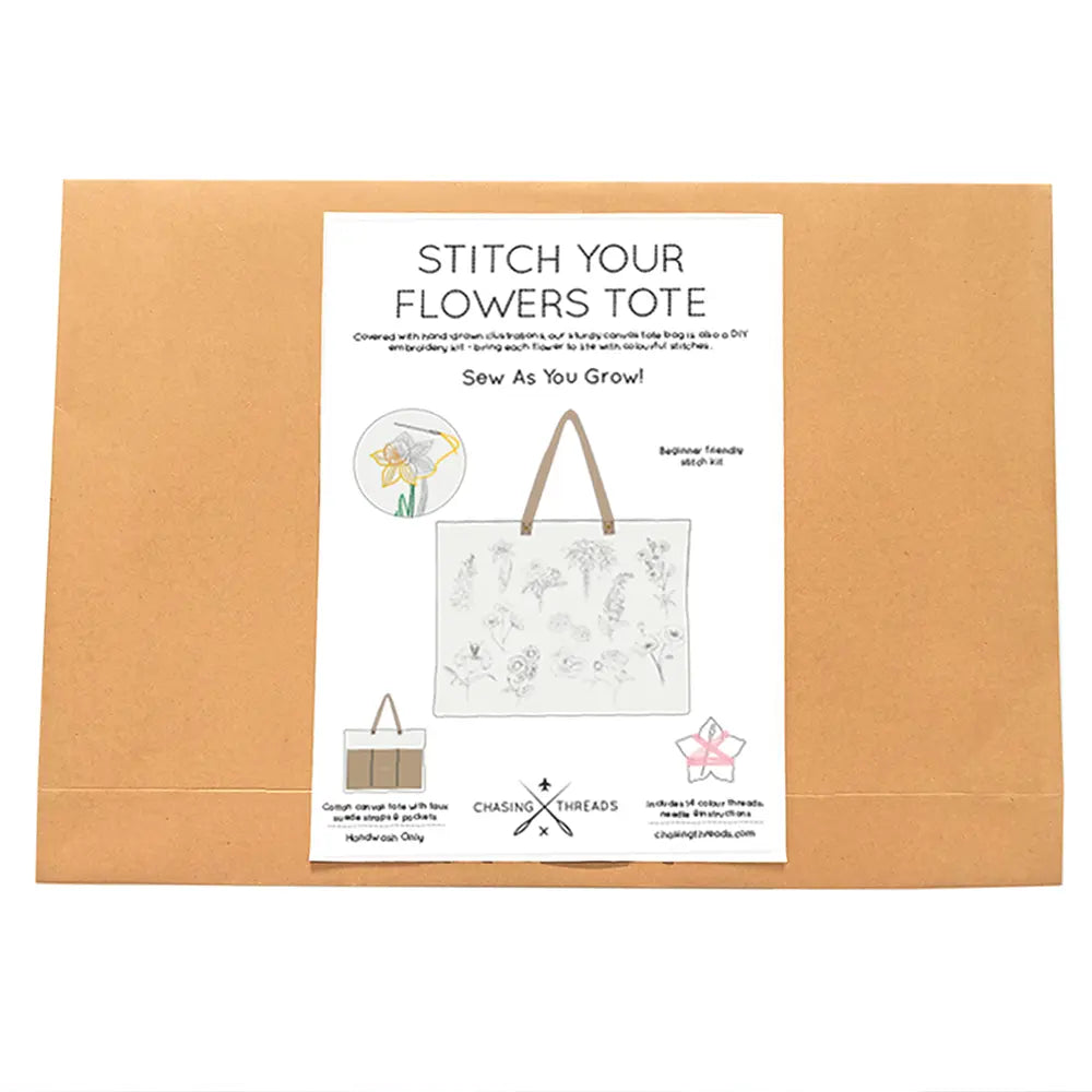 Stitch Your Flowers Tote Bag - Embroidery Kit grocery bag Chasing Threads