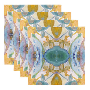 Windy O'Connor Golden Orchid Napkins. Gold, peacock, yellow, blue cloth napkins.