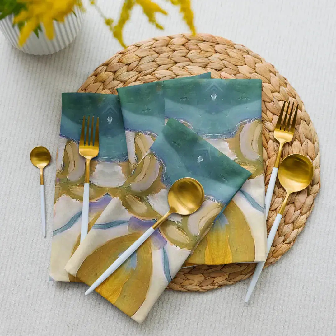 Windy O'Connor Golden Orchid Napkins. Gold, peacock, yellow, blue cloth napkins.