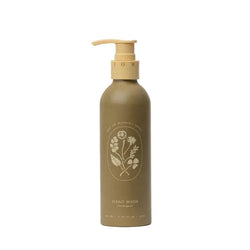 My Neighbor WILD BERGAMOT HAND WASH bottle, front, thoughtfully formulated to cleanse without stripping—using a base of organic olive oil, coconut oil, and aloe vera to nourish and hydrate the skin as you wash. WILD BERGAMOT scent.