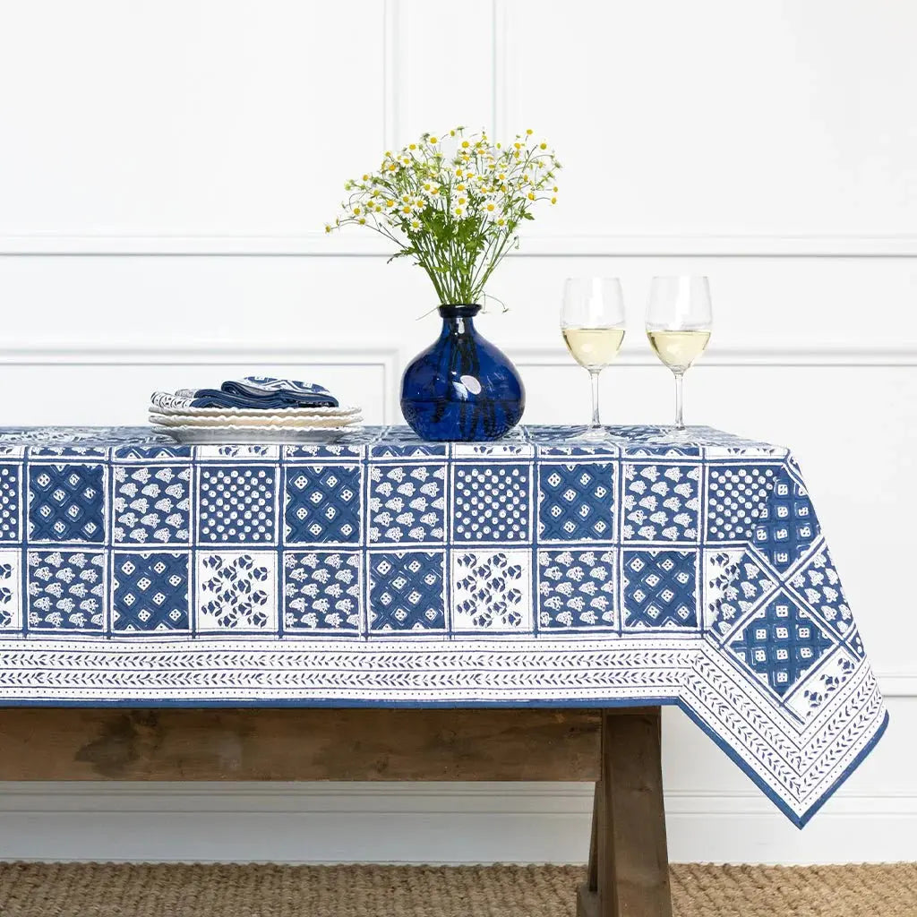 Pom Buti Patchwork Blue Tablecloth Pomegranate