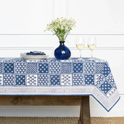 Pom Buti Patchwork Blue Tablecloth Pomegranate