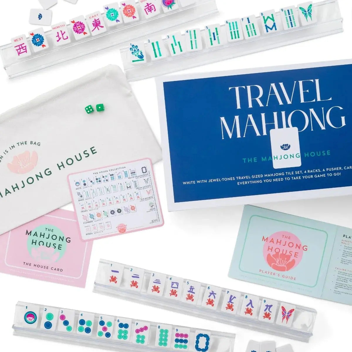 White with Jewel-Tones Travel Mahjong Set The Mahjong House