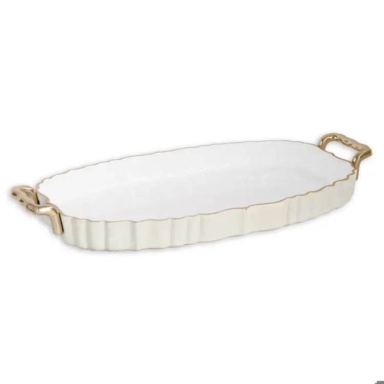 ENCANTO Vintage Fluted Oval Tray with Handles (Cream and White)