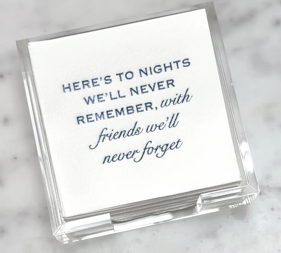 Acrylic Cocktail Napkin Hostess Set: Here's to Nights...With Friends Lined Design