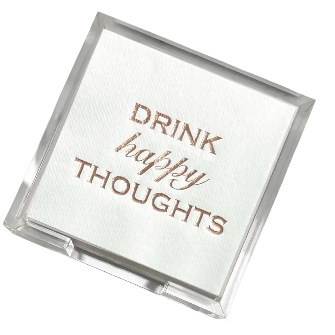 Acrylic Cocktail Napkin Hostess Set: Drink Happy Thoughts Lined Design