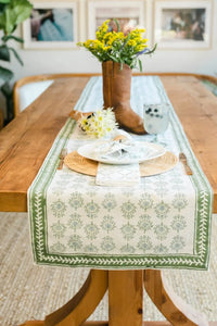 Lotus Sage + Uniform Blue Table Runner - Home for Entertaining