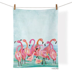 Flamingo Beach Tea Towel Werkshoppe pink flamingos in tropical water.